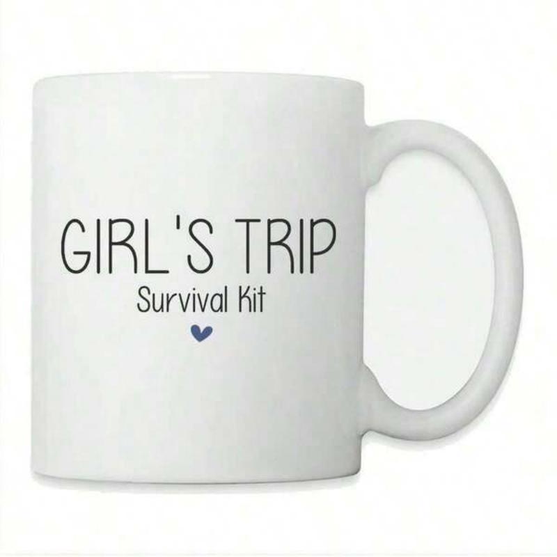 Tailorly White Ceramic 11 oz Mug - Girls Trip Survival Kit Minimalist Black Lettering Featuring A Small Simple Blue Heart