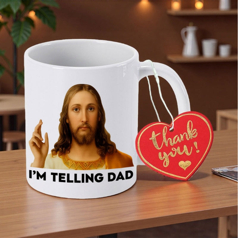 Tailorly White Ceramic 11 oz Mug - I'm Telling Dad Sacred Religious Portrait With Hand Raised In Blessing Pose Jesus