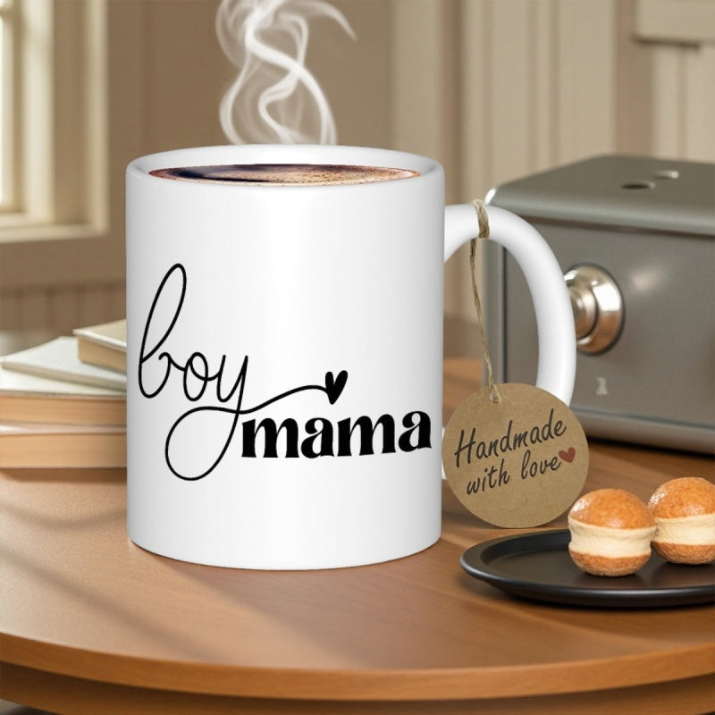 Tailorly White Ceramic 11 oz Mug - Boy Mama Minimalist White Ceramic Vessel With Elegant Script And Bold Font Mug