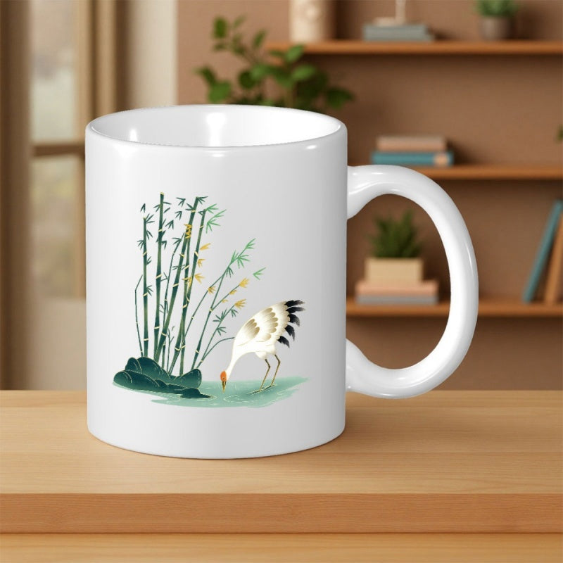 Tailorly White Ceramic 11 oz Mug - Elegant Traditional Style Bird Among Green Bamboo Stalks And Mossy Rocks Crane