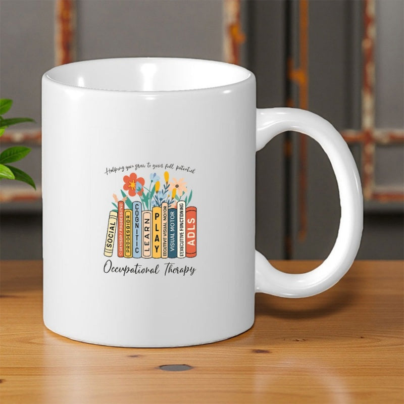 Tailorly White Ceramic 11 oz Mug - Occupational Therapy Colorful Educational Books With Blooming Spring Flowers And Vibrant Foliage Books