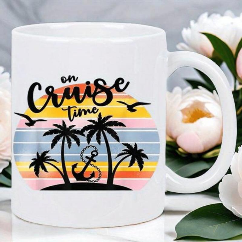 Tailorly White Ceramic 11 oz Mug - On Cruise Time Tropical Palm Trees Silhouette Under A Colorful Retro Sunset Anchor