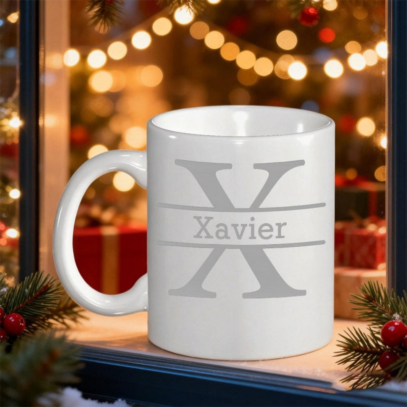 Tailorly White Ceramic 11 oz Mug - Xavier Personalized Elegant Split Letter Design Among Glowing Festive Holiday Lights Monogram
