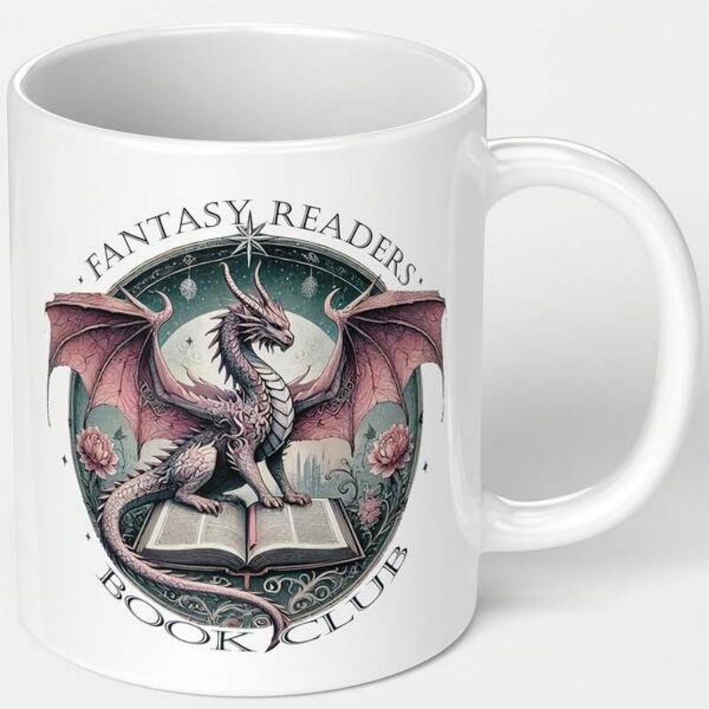 Tailorly White Ceramic 11 oz Mug - Fantasy Readers Book Club Mystical Winged Beast Perched On Open Ancient Story Dragon