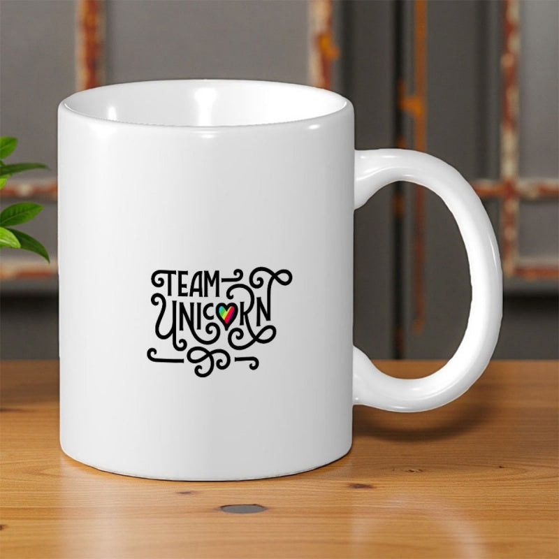 Tailorly White Ceramic 11 oz Mug - Team Unicorn Artistic Swirling Script With Decorative Heart Among Graceful Black Calligraphy Lines Unicorn