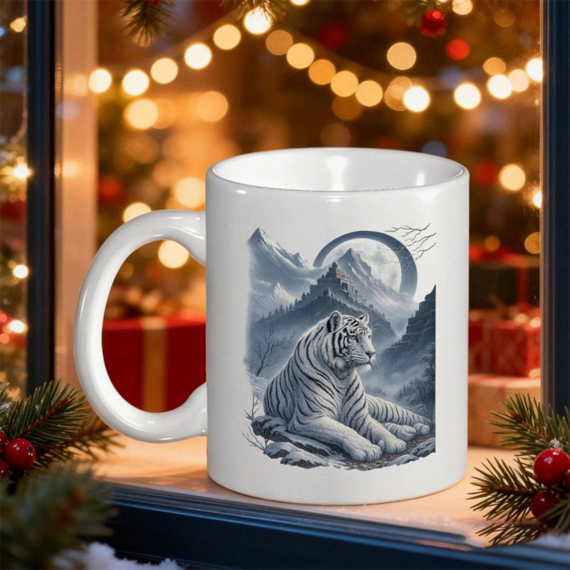 Tailorly White Ceramic 11 oz Mug - Graceful Snow Covered Mountain Range With Moon Over Resting White Tiger