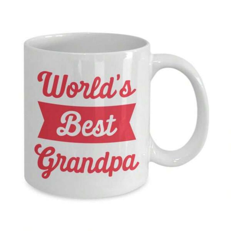 Tailorly White Ceramic 11 oz Mug - Worlds Best Grandpa Elegant Script Typography Decorated With A Red Ribbon Banner Grandpa