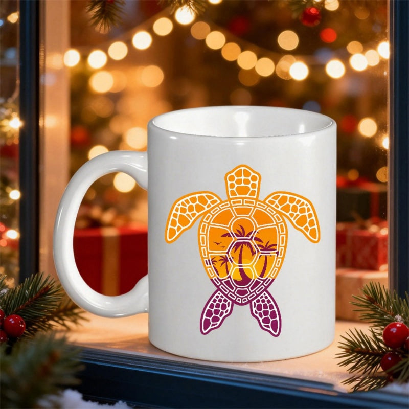 Tailorly White Ceramic 11 oz Mug - Vibrant Sunset Beach Scene Inside A Majestic Tropical Sea Turtle