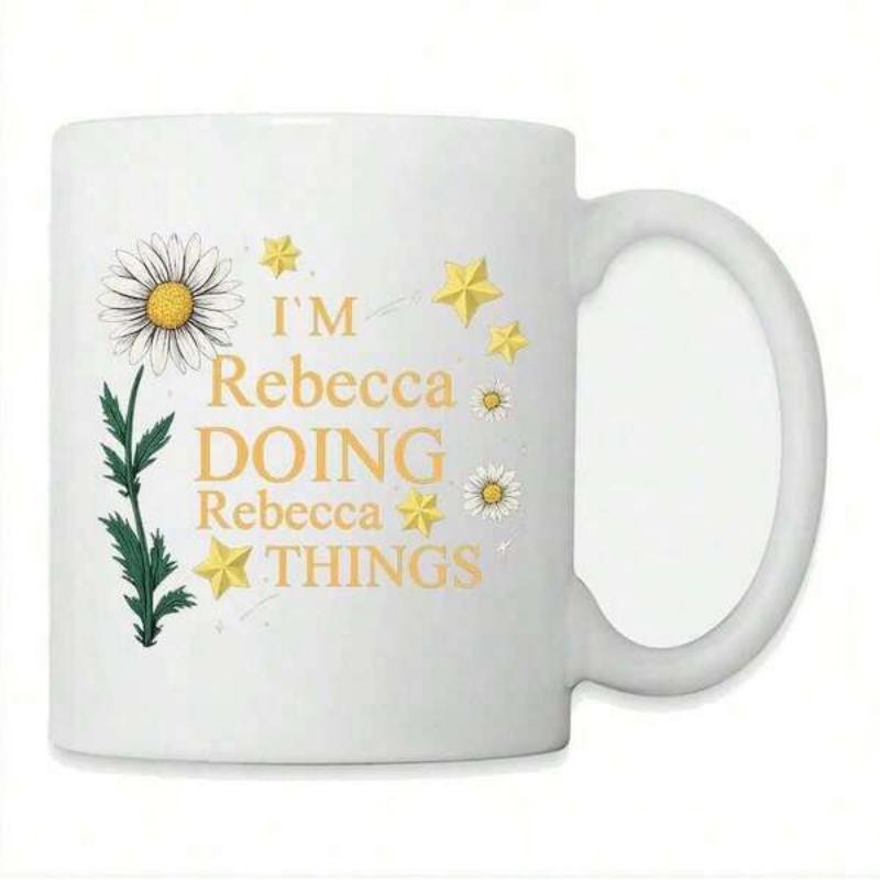 Tailorly White Ceramic 11 oz Mug - Im Rebecca Doing Rebecca Things Elegant Blooming Flower Surrounded By Golden Stars And Green Leaves Daisy