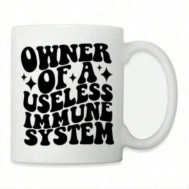 Tailorly White Ceramic 11 oz Mug - Owner Of A Useless Immune System Retro Groovy Typographic Design With Sparkling Stars Mug