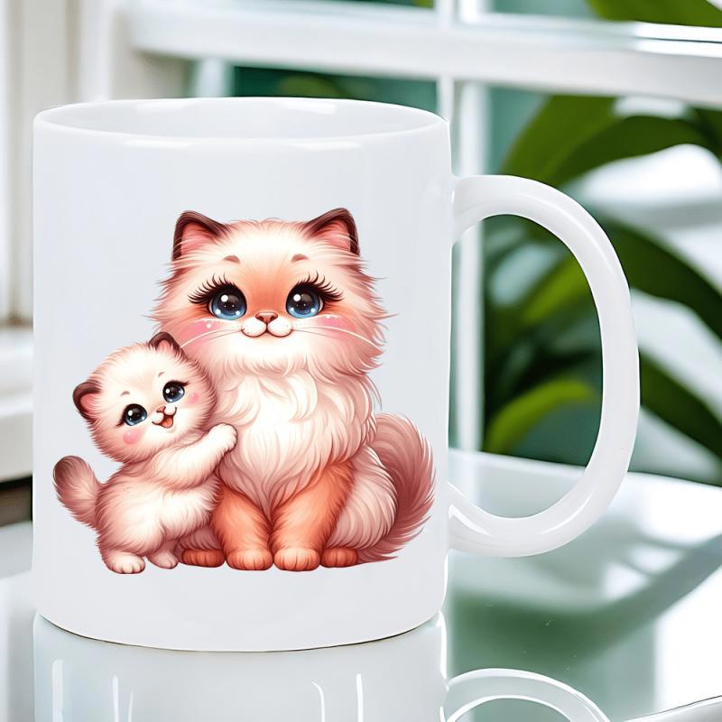 Tailorly White Ceramic 11 oz Mug - Adorable Fluffy Mother And Kitten Snuggling With Warm Loving Expressions Cat