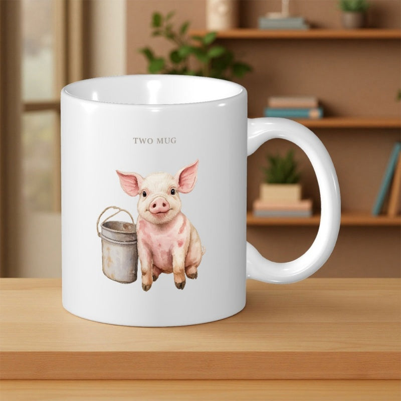 Tailorly White Ceramic 11 oz Mug - Two Mug Sweet Realistic Farmhouse Piglet Sitting Near A Rustic Metal Pail Pig