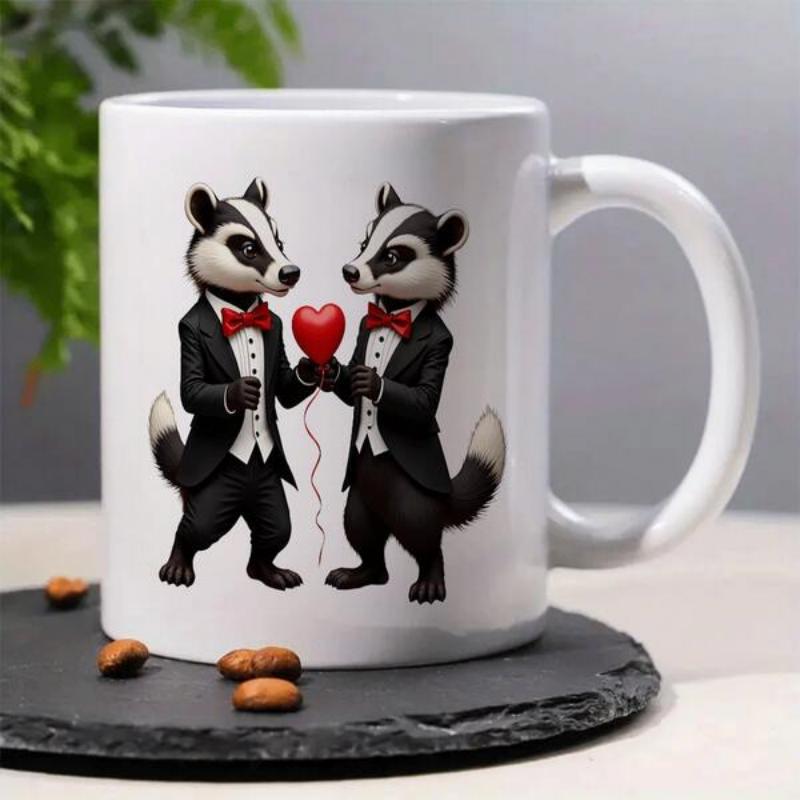Tailorly White Ceramic 11 oz Mug - Dressed In Formal Tuxedos Holding A Single Small Red Heart Shaped Balloon Badger