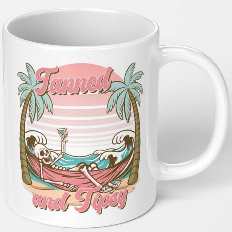 Tailorly White Ceramic 11 oz Mug - Tanned And Tipsy Relaxing On A Tropical Beach Between Palm Trees Under Sunset Skeleton