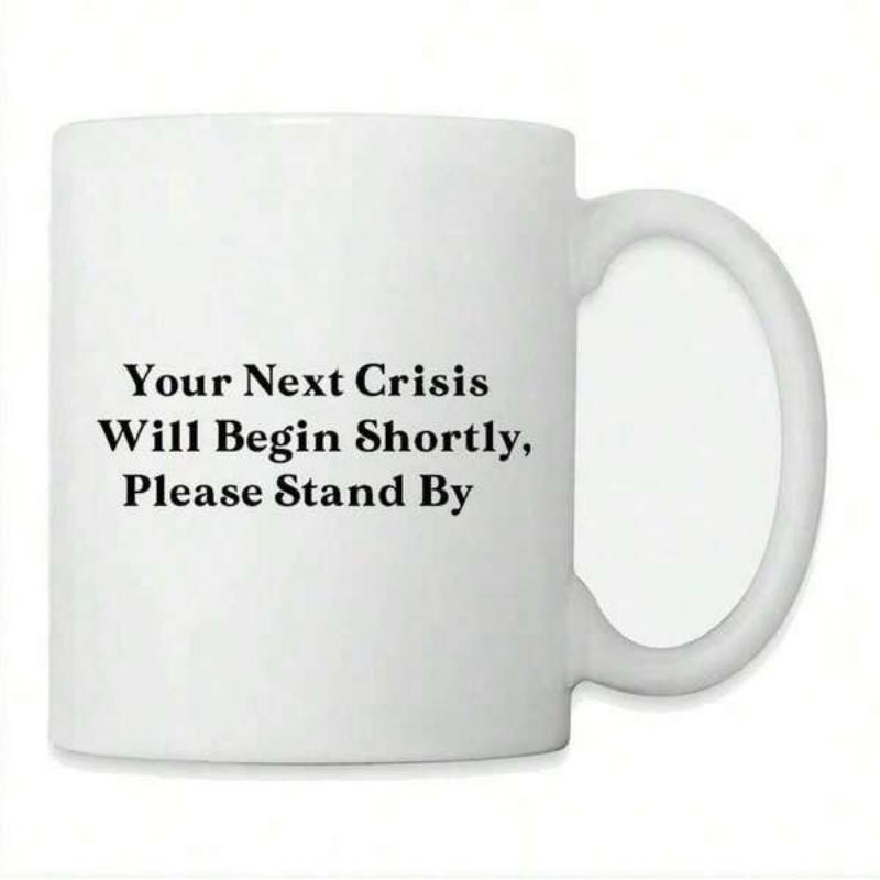 Tailorly White Ceramic 11 oz Mug - Your Next Crisis Will Begin Shortly Please Stand By Simple With Bold Black Sarcastic Quote Lettering Mug
