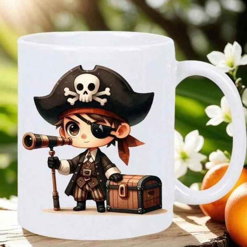 Tailorly White Ceramic 11 oz Mug - Charming Little Chibi Boy Holding Telescope Beside Weathered Wooden Treasure Chest Pirate