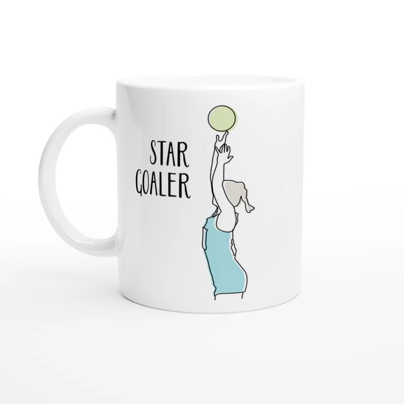 Tailorly White Ceramic 11 oz Mug - Star Goaler Minimalist Line Art Drawing Of Athlete Reaching For A Ball Player