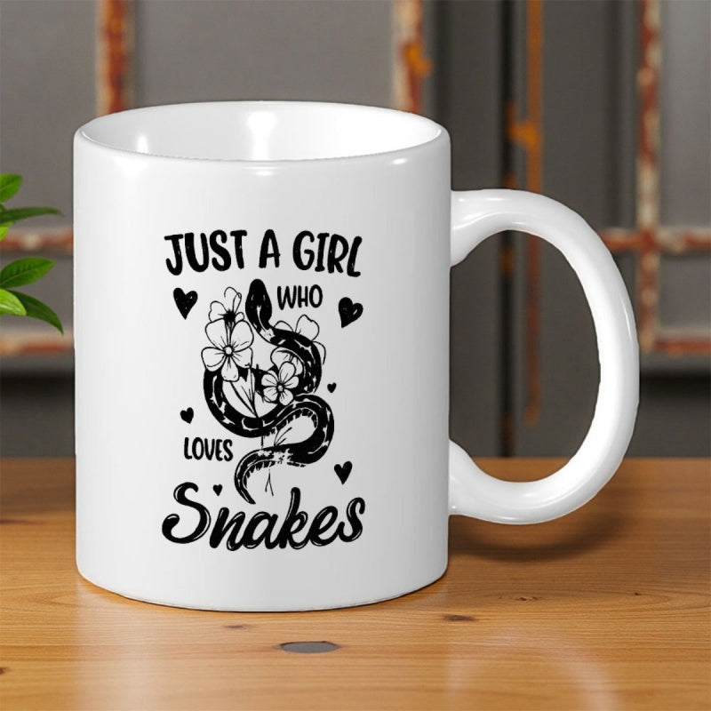 Tailorly White Ceramic 11 oz Mug - Just A Girl Who Loves Snakes Coiled Among Blooming Flowers With Delicate Floating Hearts Snake