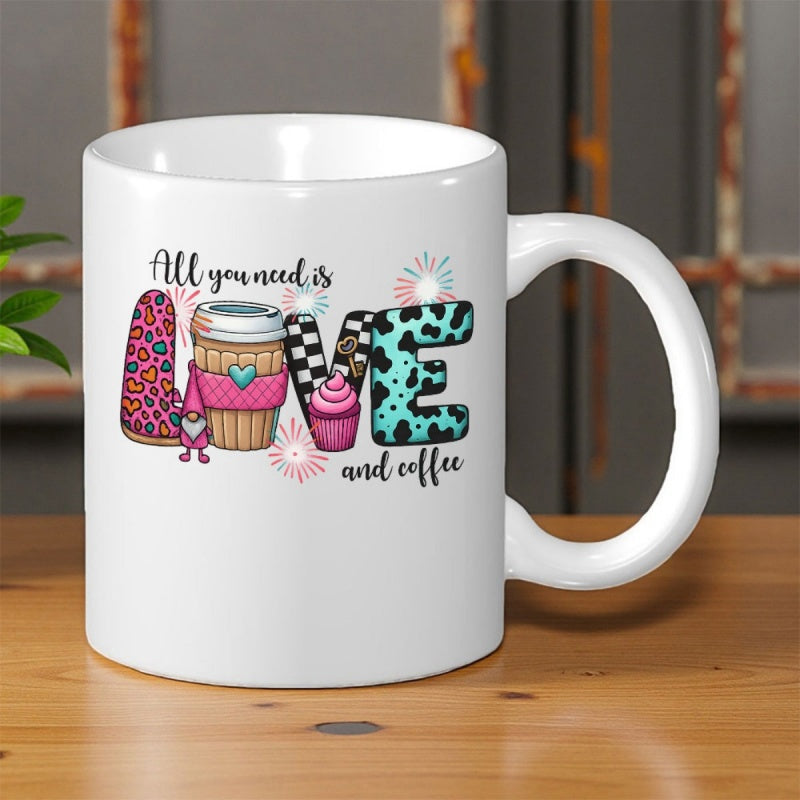 Tailorly White Ceramic 11 oz Mug - All You Need Is Love And Coffee Decorative Patterned Letters With Charming Little Gnome And Warm Sweet Cupcake Coffee
