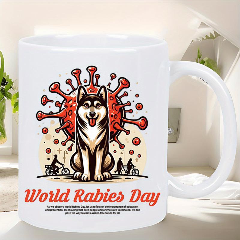 Tailorly White Ceramic 11 oz Mug - World Rabies Day Alert Sitting Husky Dog Surrounded By Red Viral Cell Patterns Husky