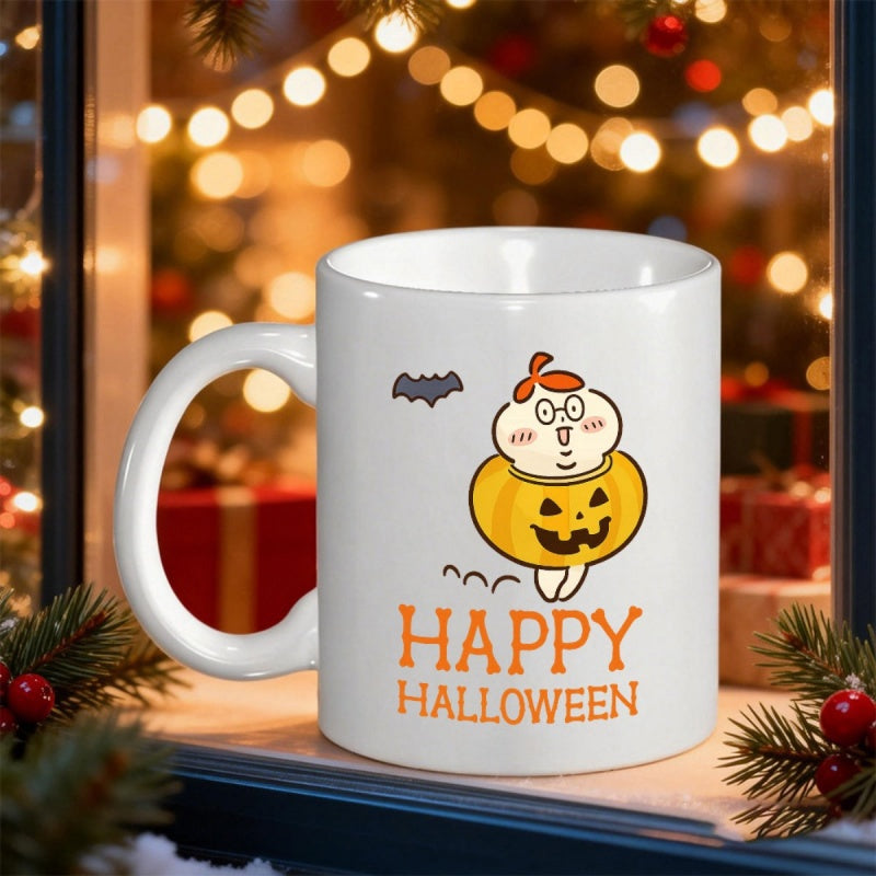 Tailorly White Ceramic 11 oz Mug - Happy Halloween Adorable Cartoon Character Wearing Festive Carved Jack O Lantern Pumpkin