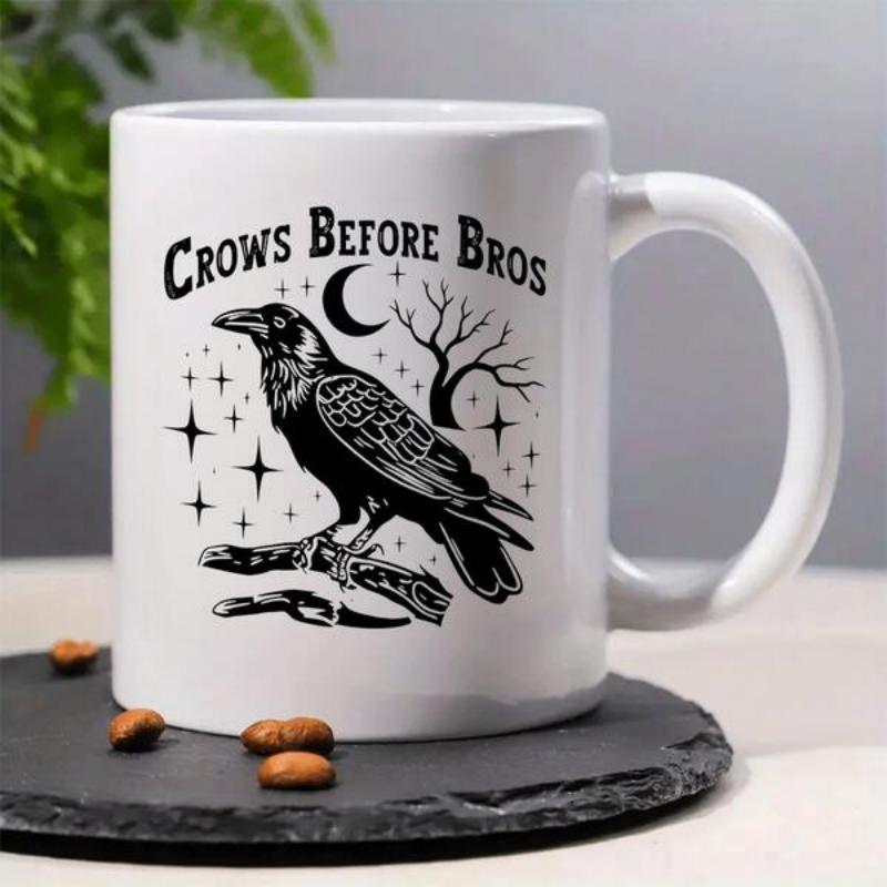 Tailorly White Ceramic 11 oz Mug - Crows Before Bros Mystical Midnight Scene With Crescent Moon Stars And Dead Tree Crow