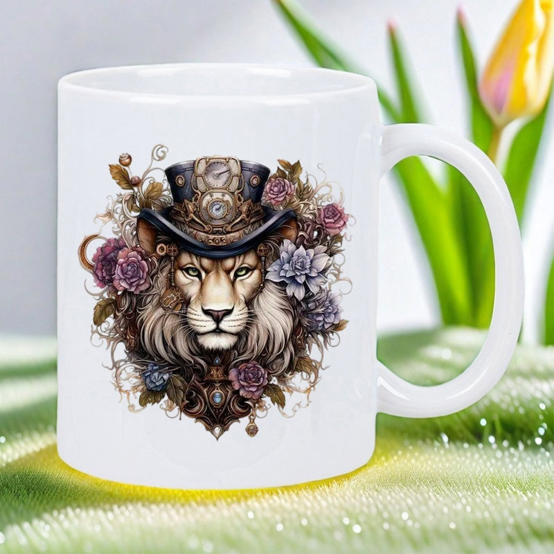 Tailorly White Ceramic 11 oz Mug - Majestic Steampunk Mane Wearing Vintage Top Hat With Ornate Floral Filigree Lion