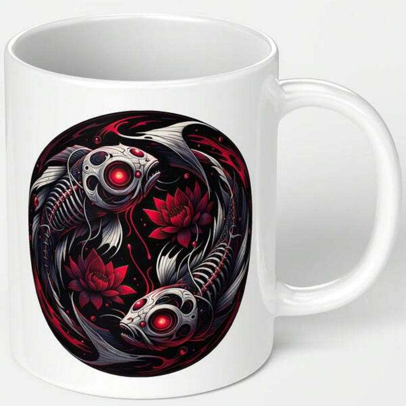 Tailorly White Ceramic 11 oz Mug - Dark Skeletal Mechanical Koi Swimming In Circular Harmony With Red Lotuses Fish
