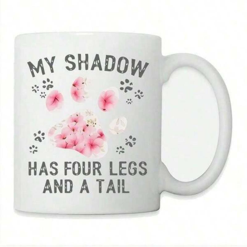 Tailorly White Ceramic 11 oz Mug - My Shadow Has Four Legs And A Tail Delicate Pink Cherry Blossom Flowers Shaping A Large Decorative Paw Paw