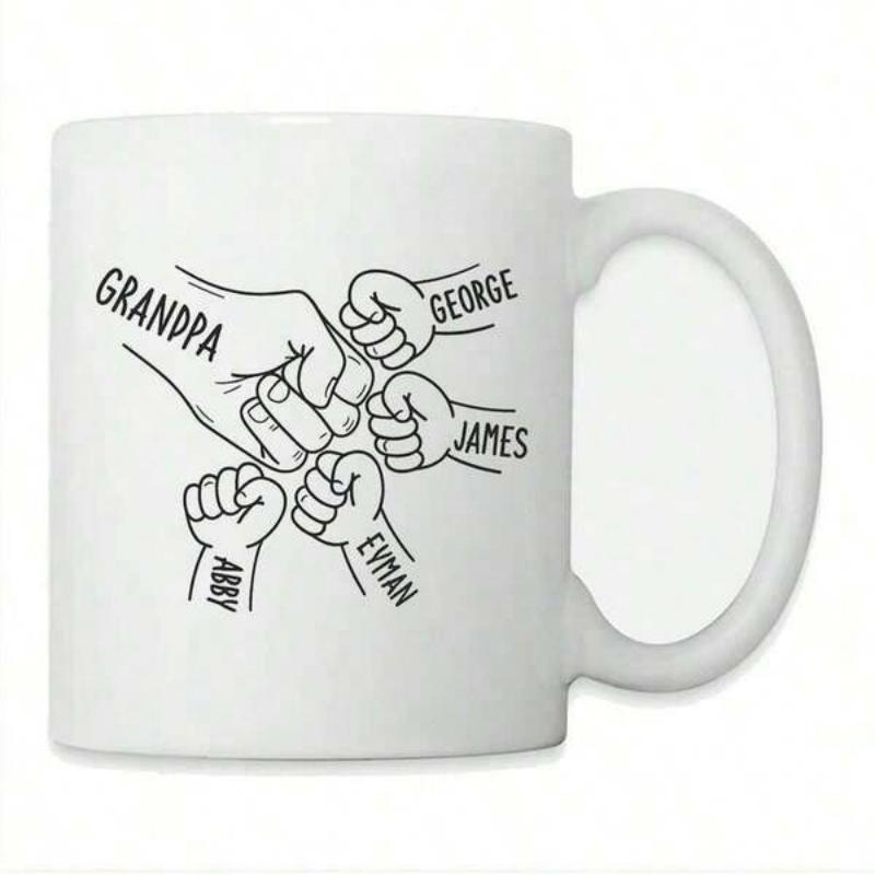 Tailorly White Ceramic 11 oz Mug - Grandpa George James Evan Abby Minimalist Line Art Depicting Multiple Hands Together In Unity Fist