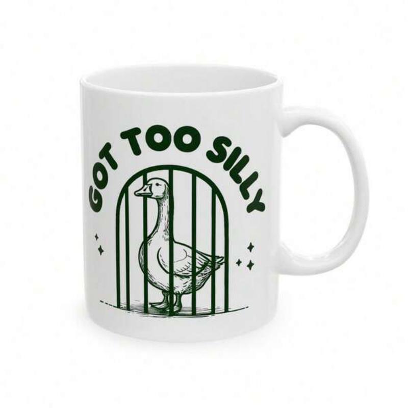 Tailorly White Ceramic 11 oz Mug - Got Too Silly Hand Drawn Style Bird Trapped Behind Dark Metal Bars Cage Goose