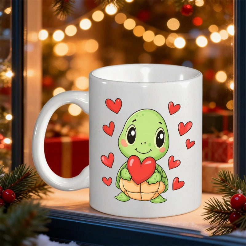 Tailorly White Ceramic 11 oz Mug - Adorable Smiling Green Cartoon Holding Red Heart Amidst Multiple Small Floating Hearts Turtle