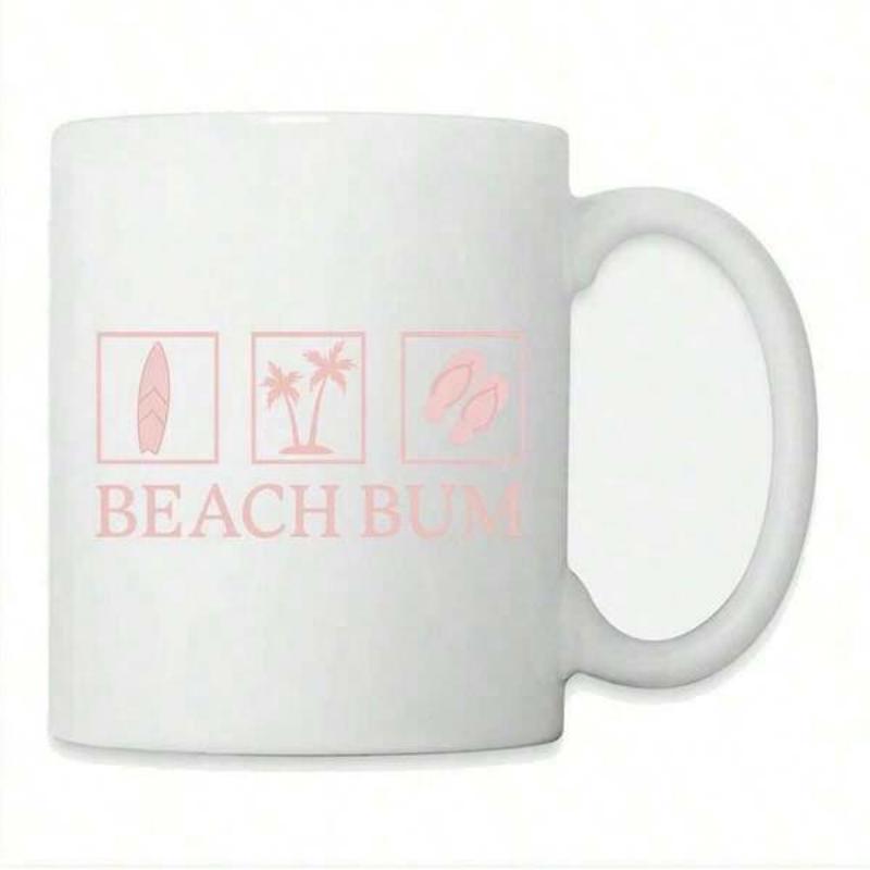 Tailorly White Ceramic 11 oz Mug - Beach Bum Minimalist Pink Icons Featuring Surfboard Palm Trees And Summer Flip Flops Illustration