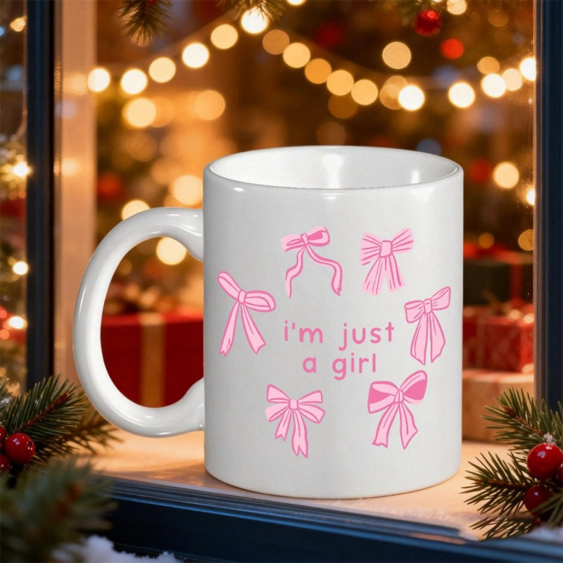 Tailorly White Ceramic 11 oz Mug - Im Just A Girl Delicate Pink Ribbons Floating Among Sweet Hand Drawn Aesthetic Pretty Bow