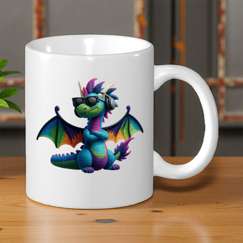 Tailorly White Ceramic 11 oz Mug - Vibrant Blue Cartoon Character Wearing Stylish Headphones And Dark Sunglasses Dragon