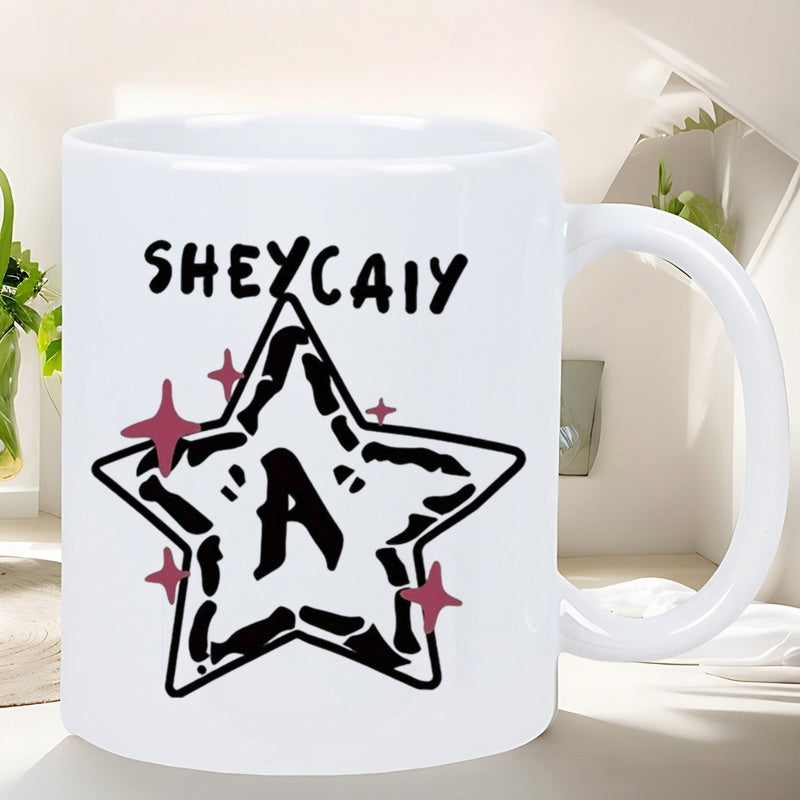 Tailorly White Ceramic 11 oz Mug - Sheycaiy Hand Drawn Outline With Stylized Letter A And Sparkling Tiny Stars Star