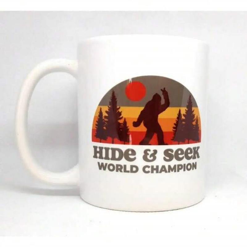 Tailorly White Ceramic 11 oz Mug - Hide Seek World Champion Retro Vintage Forest Landscape With Walking Silhouette Of Mythical Sasquatch