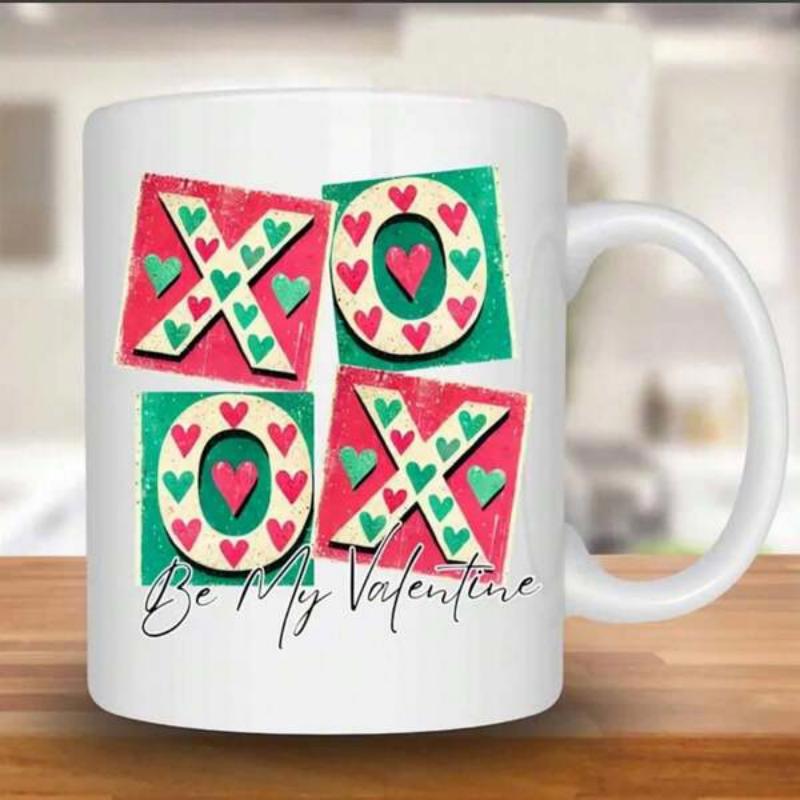 Tailorly White Ceramic 11 oz Mug - Xoxo Be My Valentine Decorative Blocks Featuring Geometric Heart Elements Arranged In Pattern