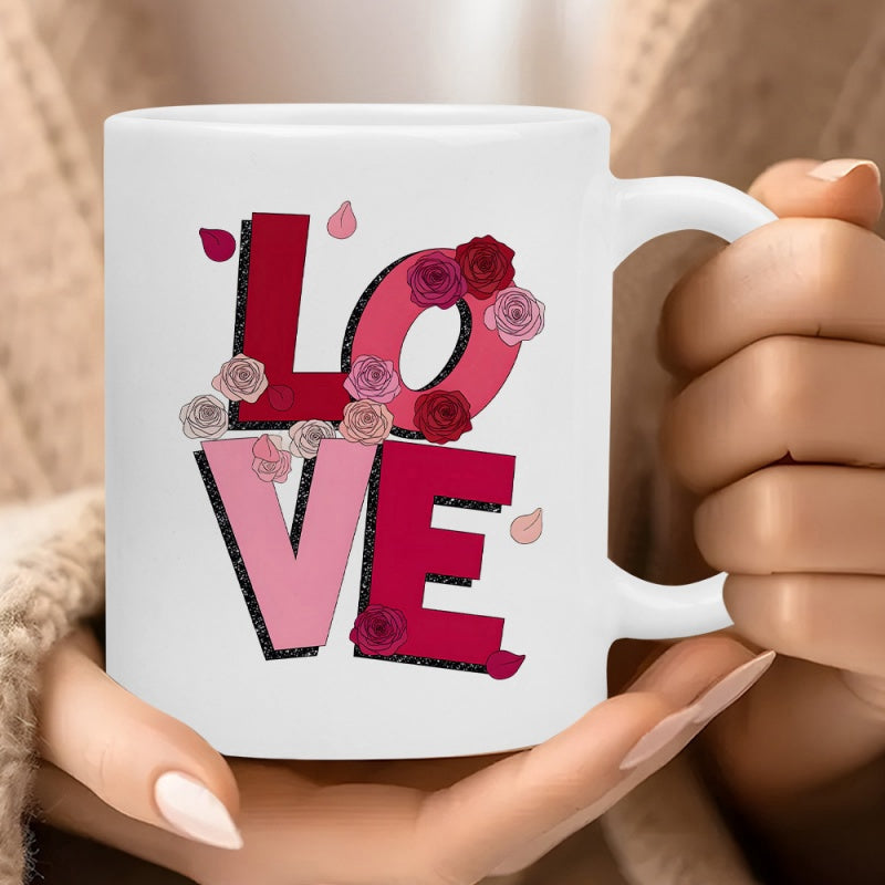 Tailorly White Ceramic 11 oz Mug - Love Vibrant Pink And Red Roses Blooming Around Stylized Bold Letters Rose