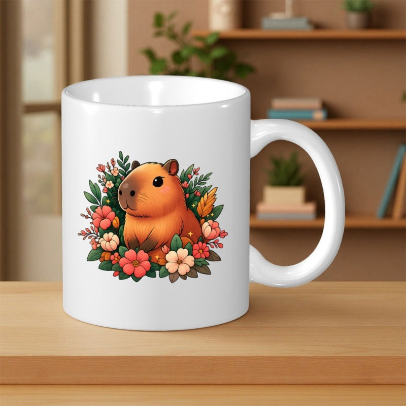 Tailorly White Ceramic 11 oz Mug - Adorable Animal Sitting Among Colorful Blooming Flowers And Lush Green Leaves Capybara