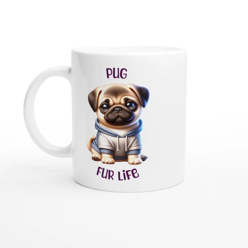Tailorly White Ceramic 11 oz Mug - Pug Fur Life Adorable Cartoon Dog Wearing Blue Hoodie Sitting Alone On White Background Pug