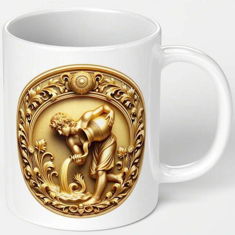 Tailorly White Ceramic 11 oz Mug - Elegant Golden Relief Within Ornate Circular Frame Pouring Water Flowing Aquarius
