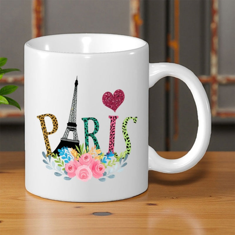 Tailorly White Ceramic 11 oz Mug - Paris Iconic Landmark Among Wild Animal Patterns And Blooming Pink Flowers Tower