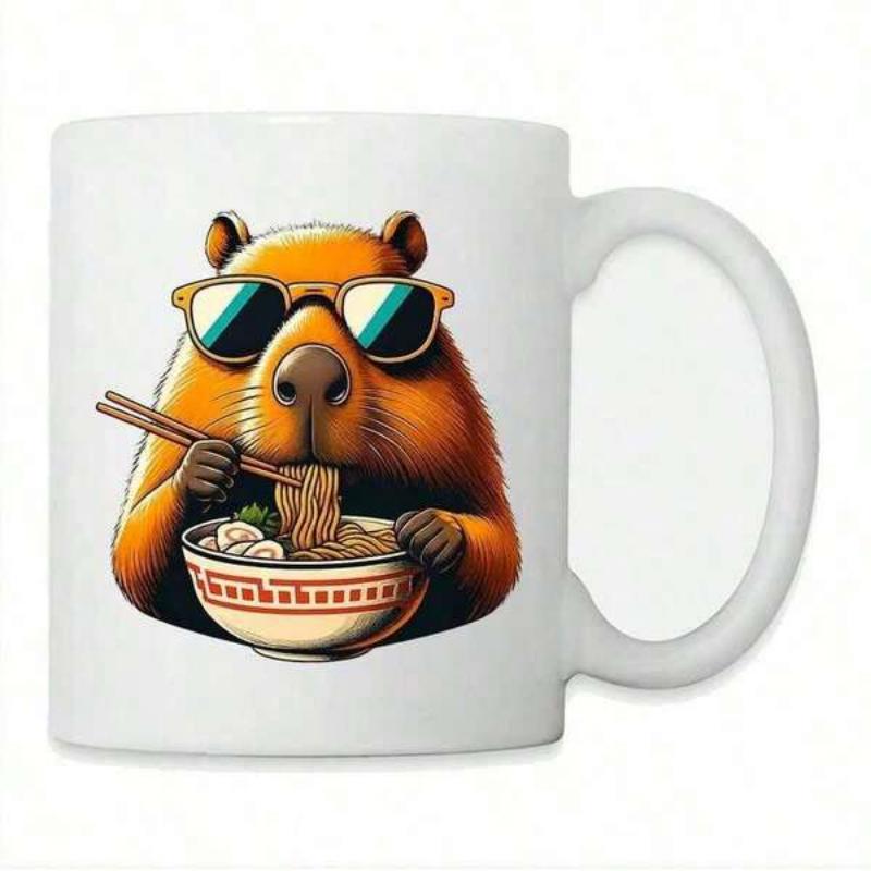 Tailorly White Ceramic 11 oz Mug - Cool Stylized Animal Wearing Sunglasses Enjoying A Steaming Hot Ramen Bowl Capybara
