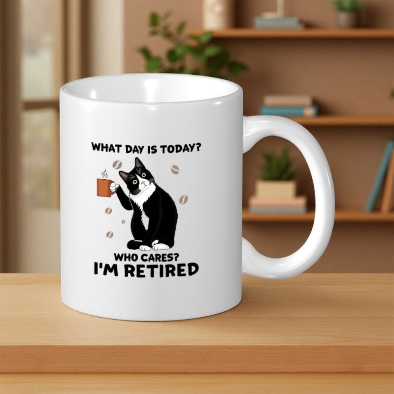 Tailorly White Ceramic 11 oz Mug - What Day Is Today Who Cares I'm Retired Chubby Tuxedo Cat Holding Steaming Coffee Mug Amidst Floating Beans Cat