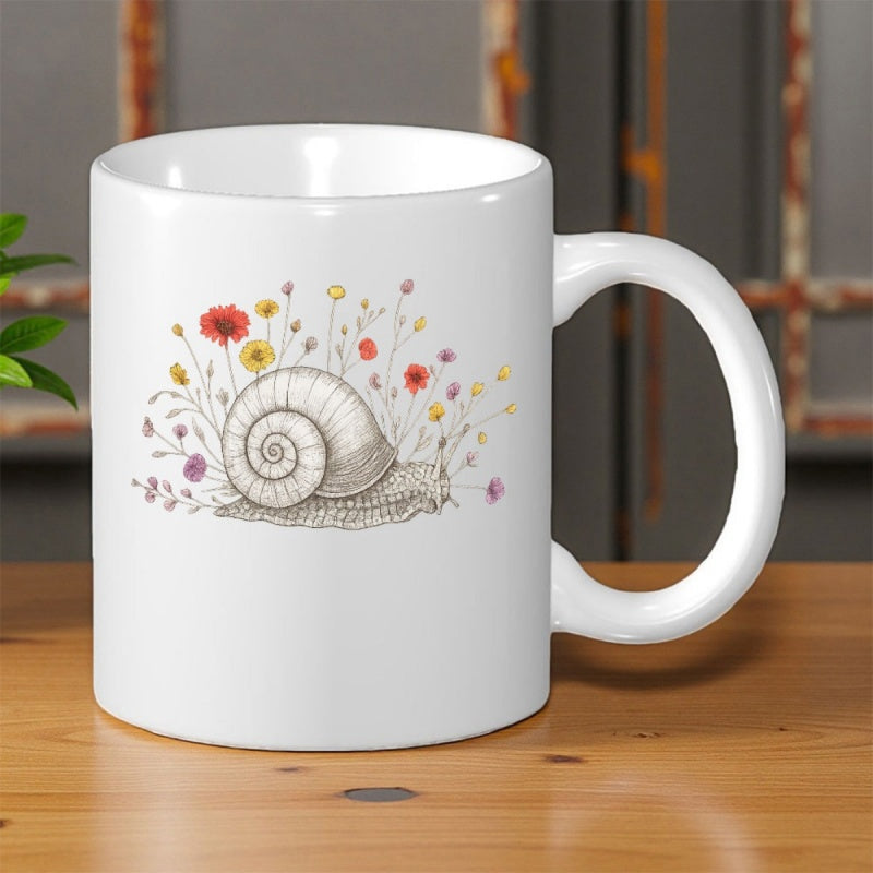 Tailorly White Ceramic 11 oz Mug - Hand Drawn Garden Scene With Delicate Colorful Wildflowers Surrounding Tiny Snail