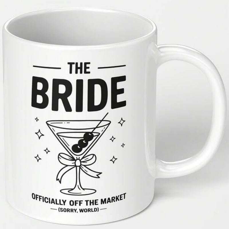 Tailorly White Ceramic 11 oz Mug - The Bride Officially Off The Market Sorry World Elegant Martini Glass With Ribbon Bow And Olives Among Twinkling Stars Mug