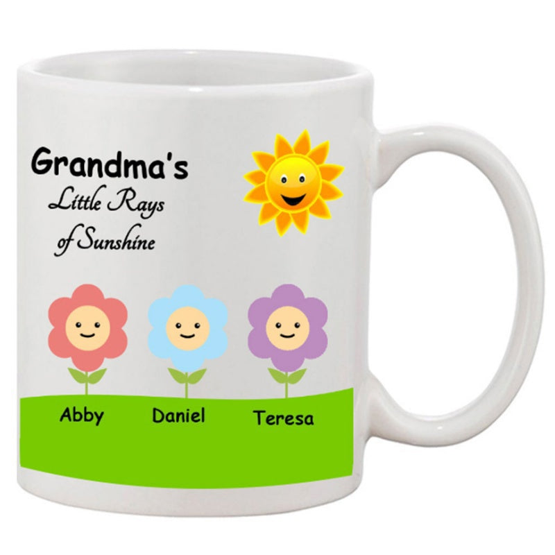 Tailorly White Ceramic 11 oz Mug - Grandmas Little Rays Of Sunshine Abby Daniel Teresa Smiling Sun Shining Over Colorful Garden With Green Grass And Blossoms