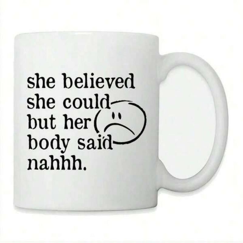 Tailorly White Ceramic 11 oz Mug - She Believed She Could But Her Body Said Nahhh Minimalist Hand Drawn Sad Expression Featuring Simple Line Art Style Face