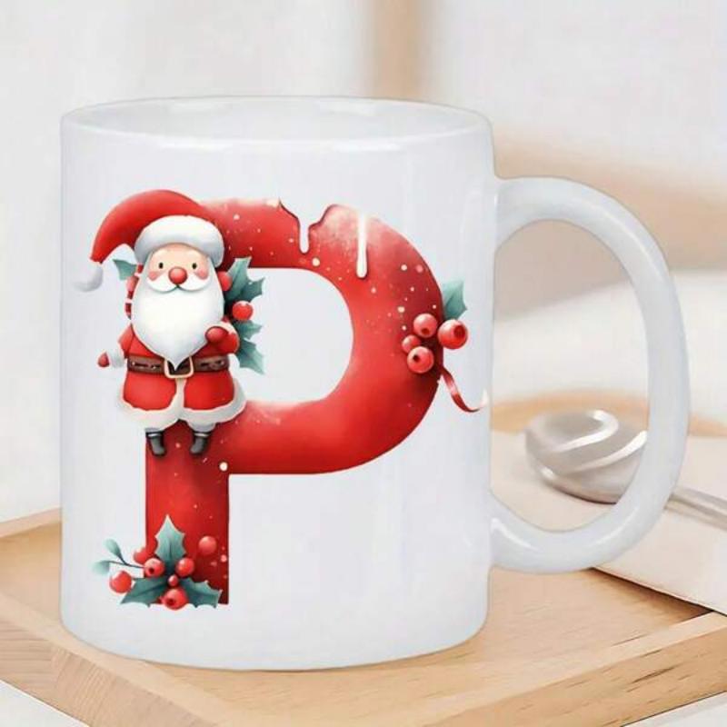 Tailorly White Ceramic 11 oz Mug - P Festive Santa Claus Sitting On A Large Red Letter With Berries Mug